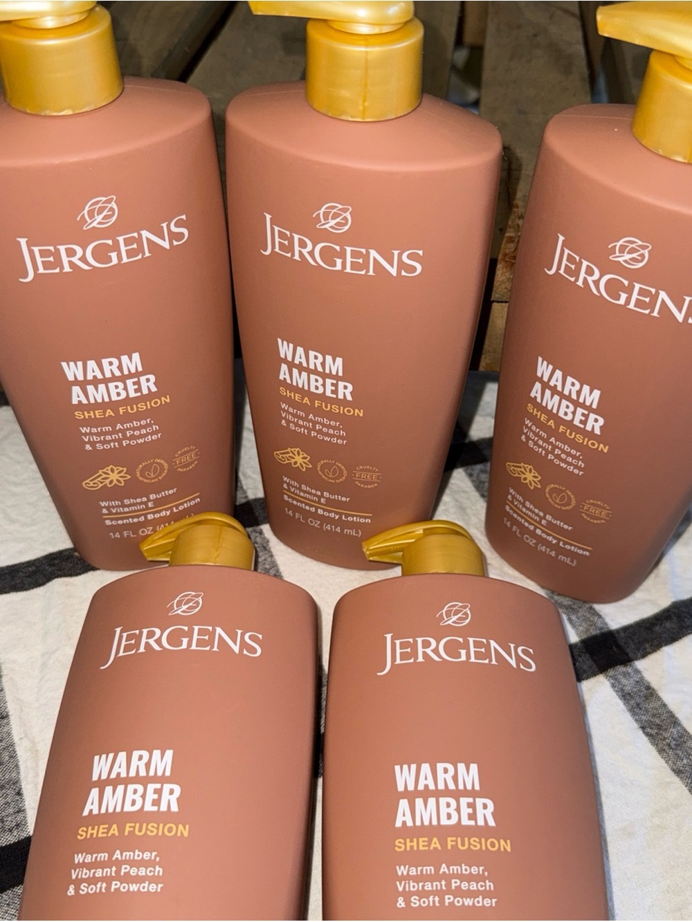 5- Jergens Warm Amber Shea Fusion Body Lotion - Peach Scent (Amber) 14 oz each